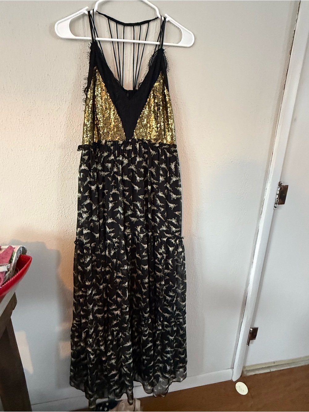(6) Ranna Gill Black & Gold Sequin Spaghetti Strap Maxi Dress